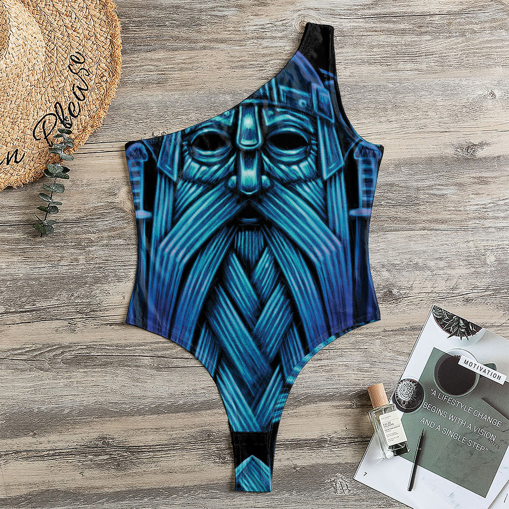 Blue Viking Norse God Odin Print One Shoulder Bodysuit
