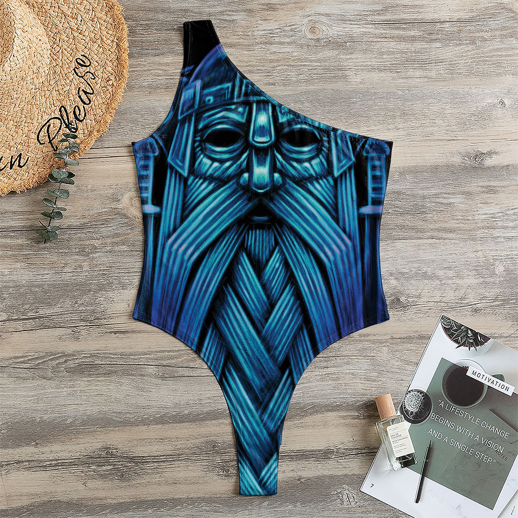 Blue Viking Norse God Odin Print One Shoulder Bodysuit