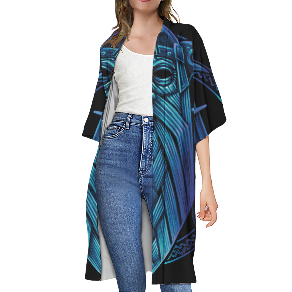 Blue Viking Norse God Odin Print Open Front Beach Cover Up