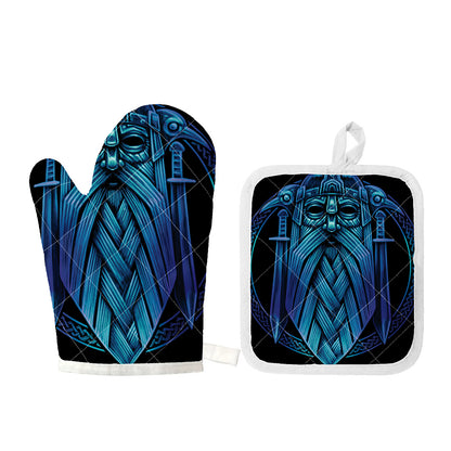 Blue Viking Norse God Odin Print Oven Mitt And Pot Holder Set