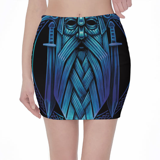 Blue Viking Norse God Odin Print Pencil Mini Skirt