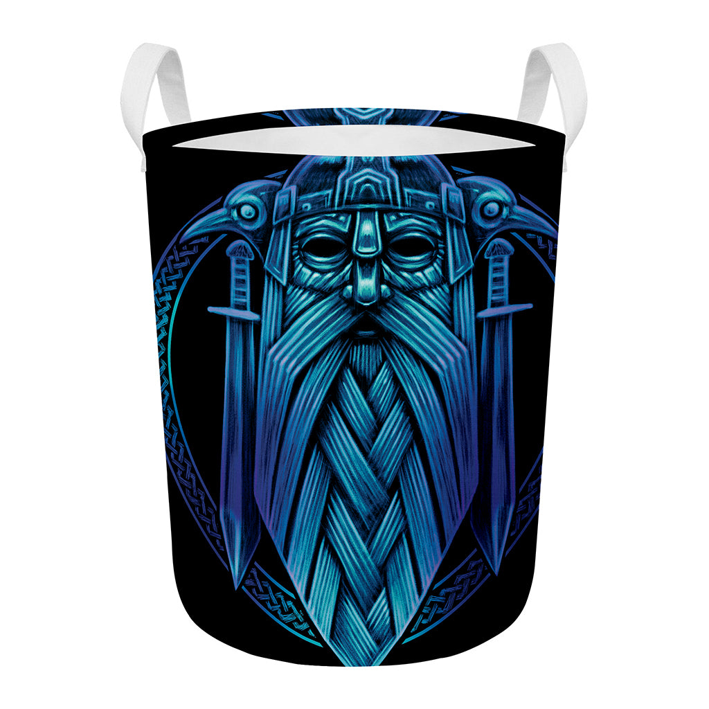 Blue Viking Norse God Odin Print Round Laundry Basket