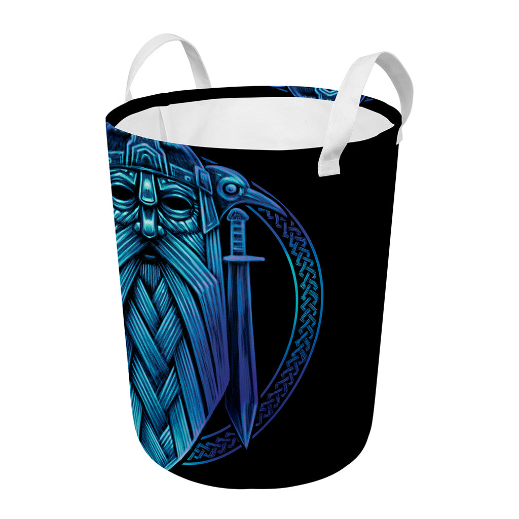 Blue Viking Norse God Odin Print Round Laundry Basket