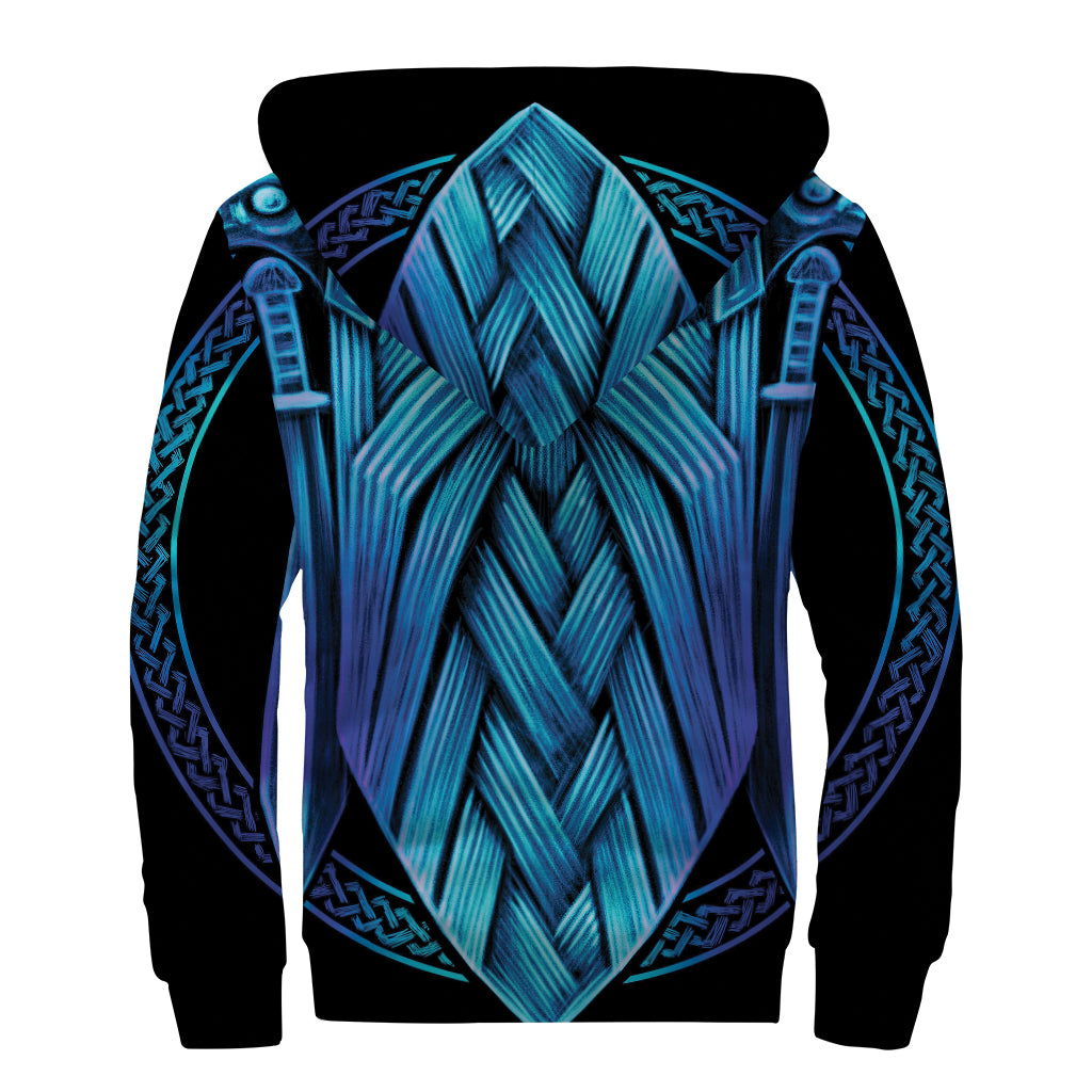 Blue Viking Norse God Odin Print Sherpa Lined Zip Up Hoodie