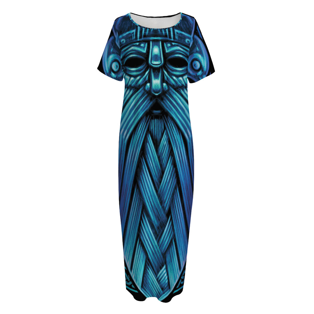 Blue Viking Norse God Odin Print Short Sleeve Long Nightdress