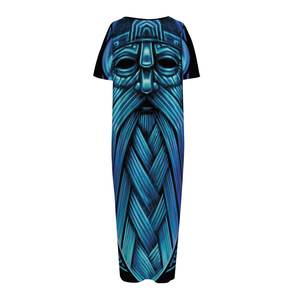 Blue Viking Norse God Odin Print Short Sleeve Long Nightdress