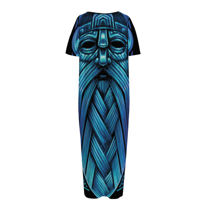 Blue Viking Norse God Odin Print Short Sleeve Long Nightdress