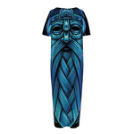 Blue Viking Norse God Odin Print Short Sleeve Long Nightdress