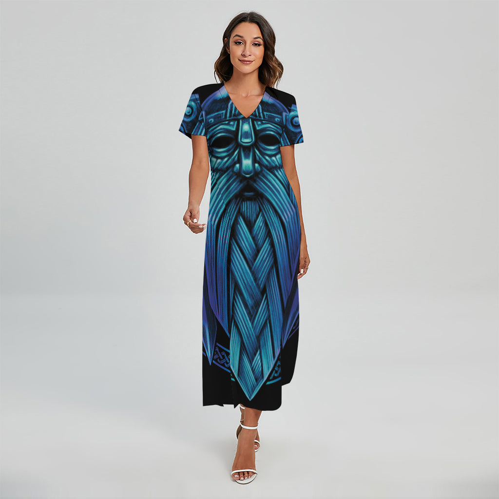 Blue Viking Norse God Odin Print Short Sleeve Maxi Dress