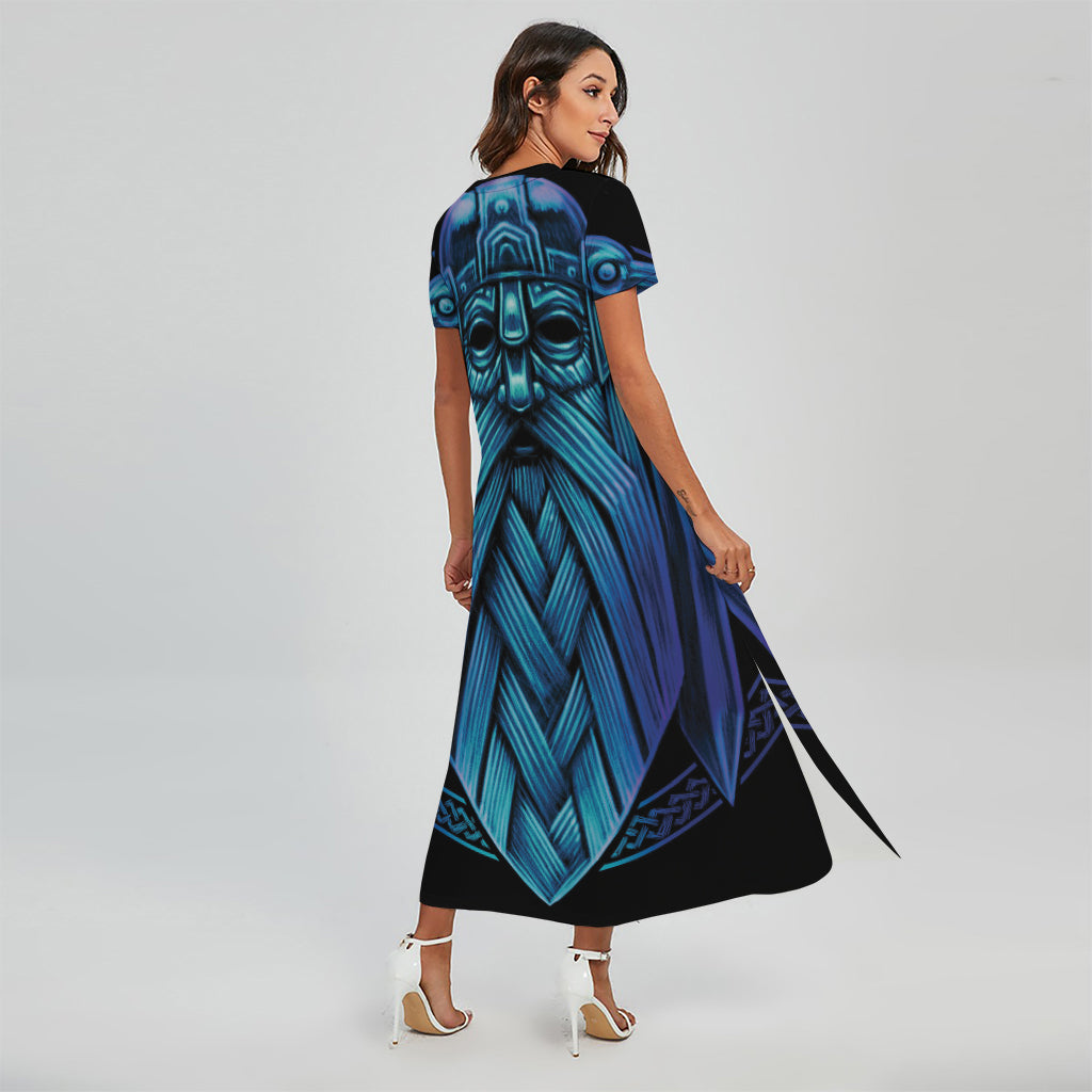 Blue Viking Norse God Odin Print Short Sleeve Maxi Dress