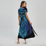 Blue Viking Norse God Odin Print Short Sleeve Maxi Dress