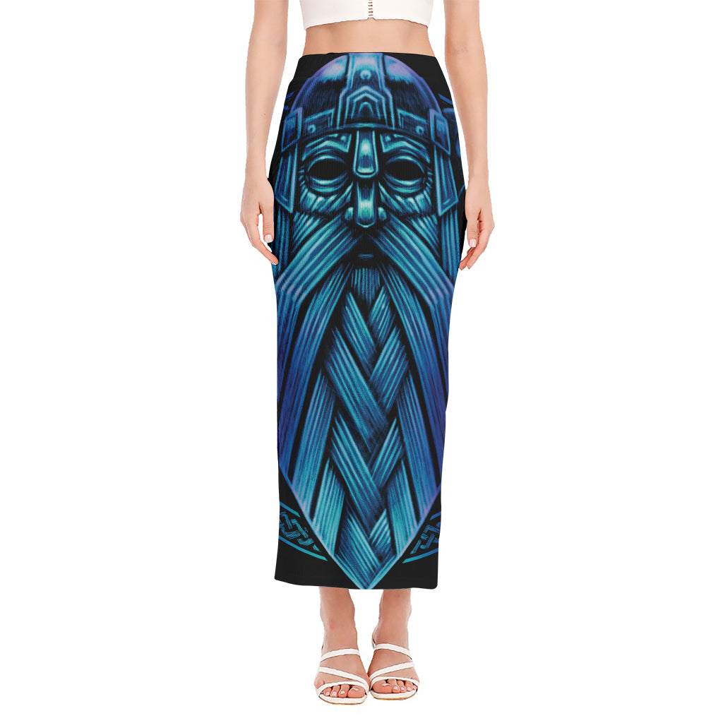 Blue Viking Norse God Odin Print Side Slit Maxi Skirt
