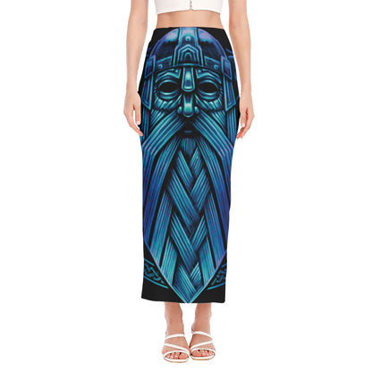 Blue Viking Norse God Odin Print Side Slit Maxi Skirt
