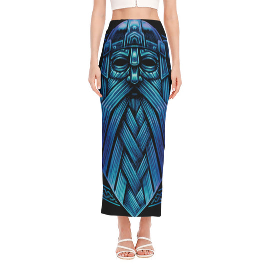Blue Viking Norse God Odin Print Side Slit Maxi Skirt