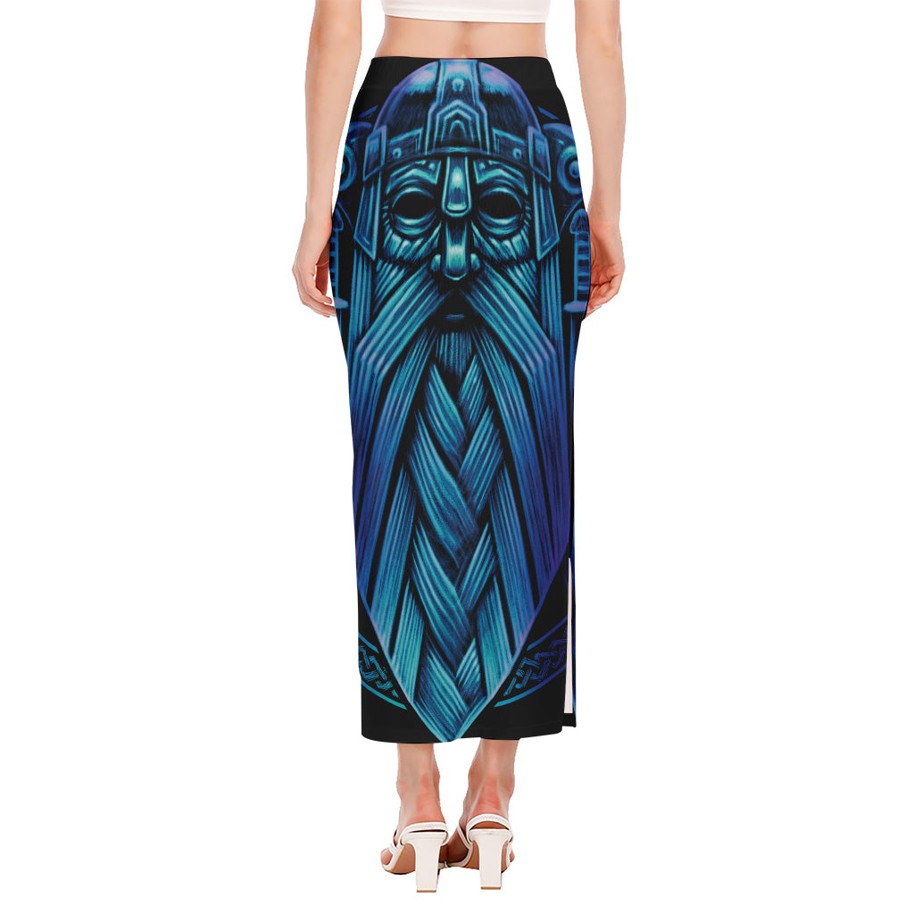 Blue Viking Norse God Odin Print Side Slit Maxi Skirt