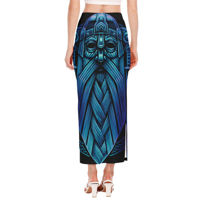 Blue Viking Norse God Odin Print Side Slit Maxi Skirt