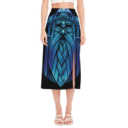 Blue Viking Norse God Odin Print Side Slit Midi Skirt