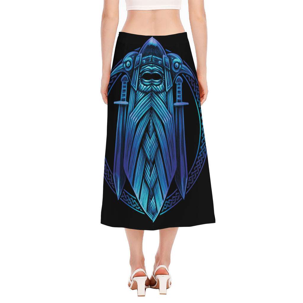 Blue Viking Norse God Odin Print Side Slit Midi Skirt