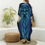 Blue Viking Norse God Odin Print Silk V-Neck Kaftan Dress
