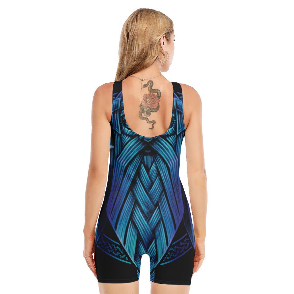 Blue Viking Norse God Odin Print Sleeveless One Piece Swimsuit