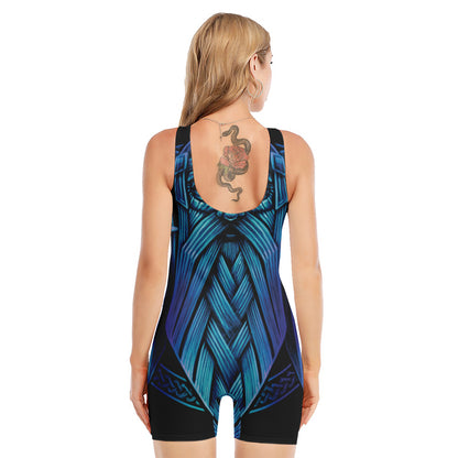 Blue Viking Norse God Odin Print Sleeveless One Piece Swimsuit