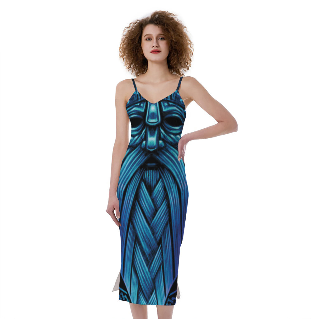 Blue Viking Norse God Odin Print Slim Fit Midi Cami Dress