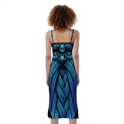 Blue Viking Norse God Odin Print Slim Fit Midi Cami Dress