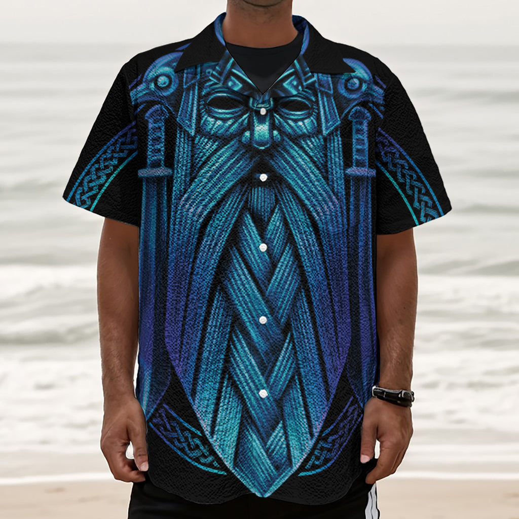 Blue Viking Norse God Odin Print Textured Short Sleeve Shirt