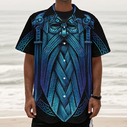 Blue Viking Norse God Odin Print Textured Short Sleeve Shirt