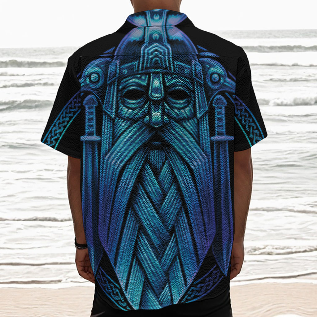 Blue Viking Norse God Odin Print Textured Short Sleeve Shirt