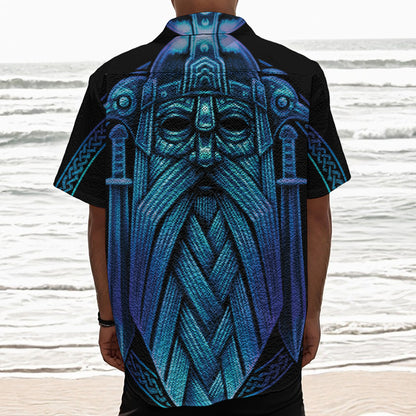 Blue Viking Norse God Odin Print Textured Short Sleeve Shirt