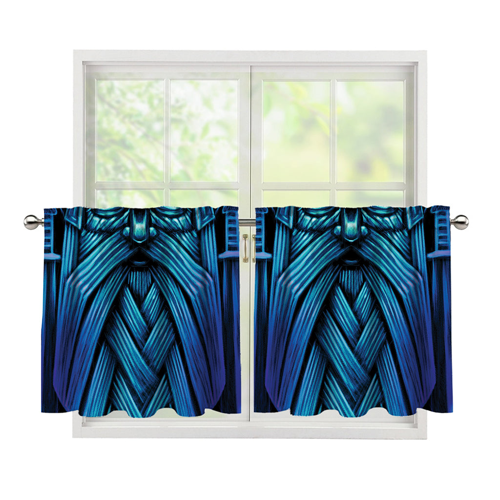 Blue Viking Norse God Odin Print Tier Curtains