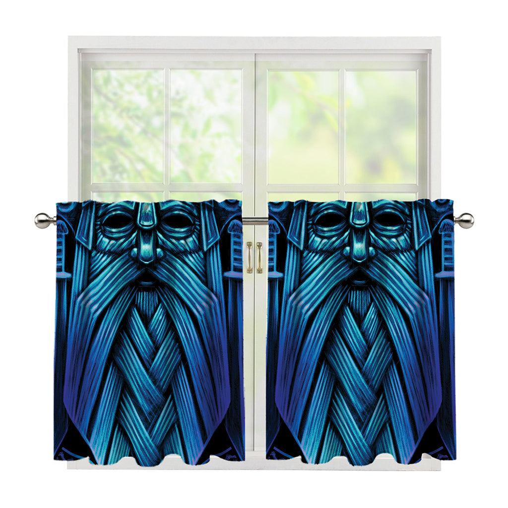 Blue Viking Norse God Odin Print Tier Curtains