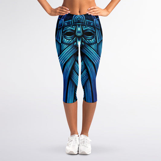 Blue Viking Norse God Odin Print Women's Capri Leggings
