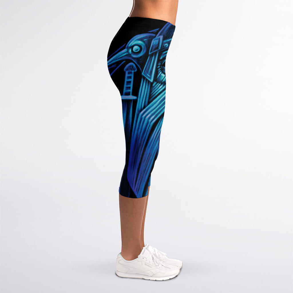 Blue Viking Norse God Odin Print Women's Capri Leggings