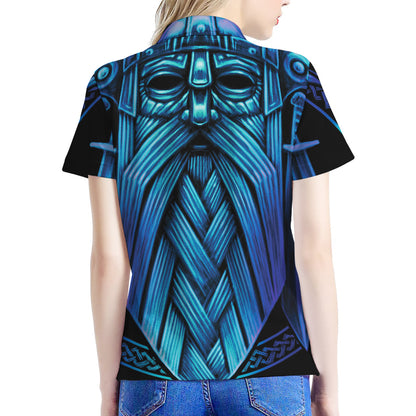 Blue Viking Norse God Odin Print Women's Polo Shirt