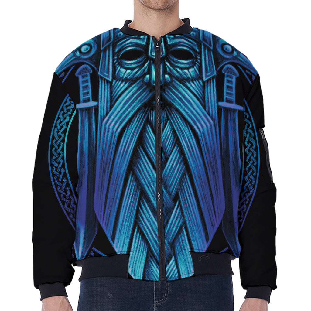 Blue Viking Norse God Odin Print Zip Sleeve Bomber Jacket