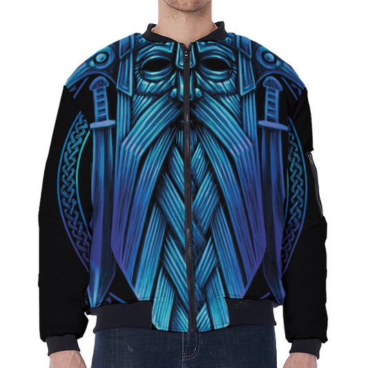 Blue Viking Norse God Odin Print Zip Sleeve Bomber Jacket