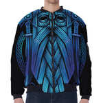 Blue Viking Norse God Odin Print Zip Sleeve Bomber Jacket