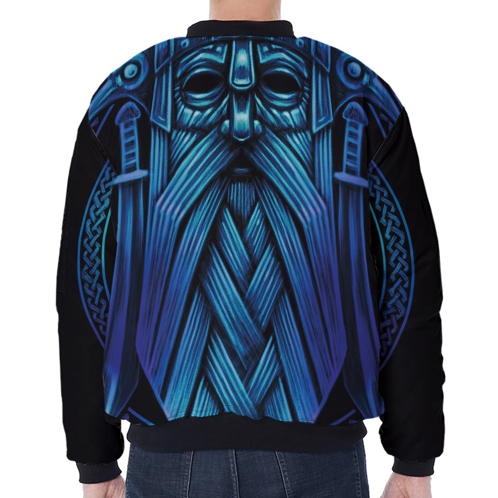Blue Viking Norse God Odin Print Zip Sleeve Bomber Jacket