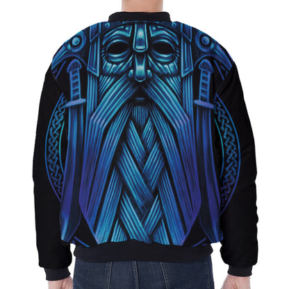 Blue Viking Norse God Odin Print Zip Sleeve Bomber Jacket