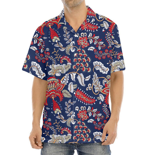 Blue Vintage Bohemian Floral Print Aloha Shirt