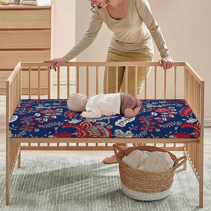Blue Vintage Bohemian Floral Print Baby Crib Sheet