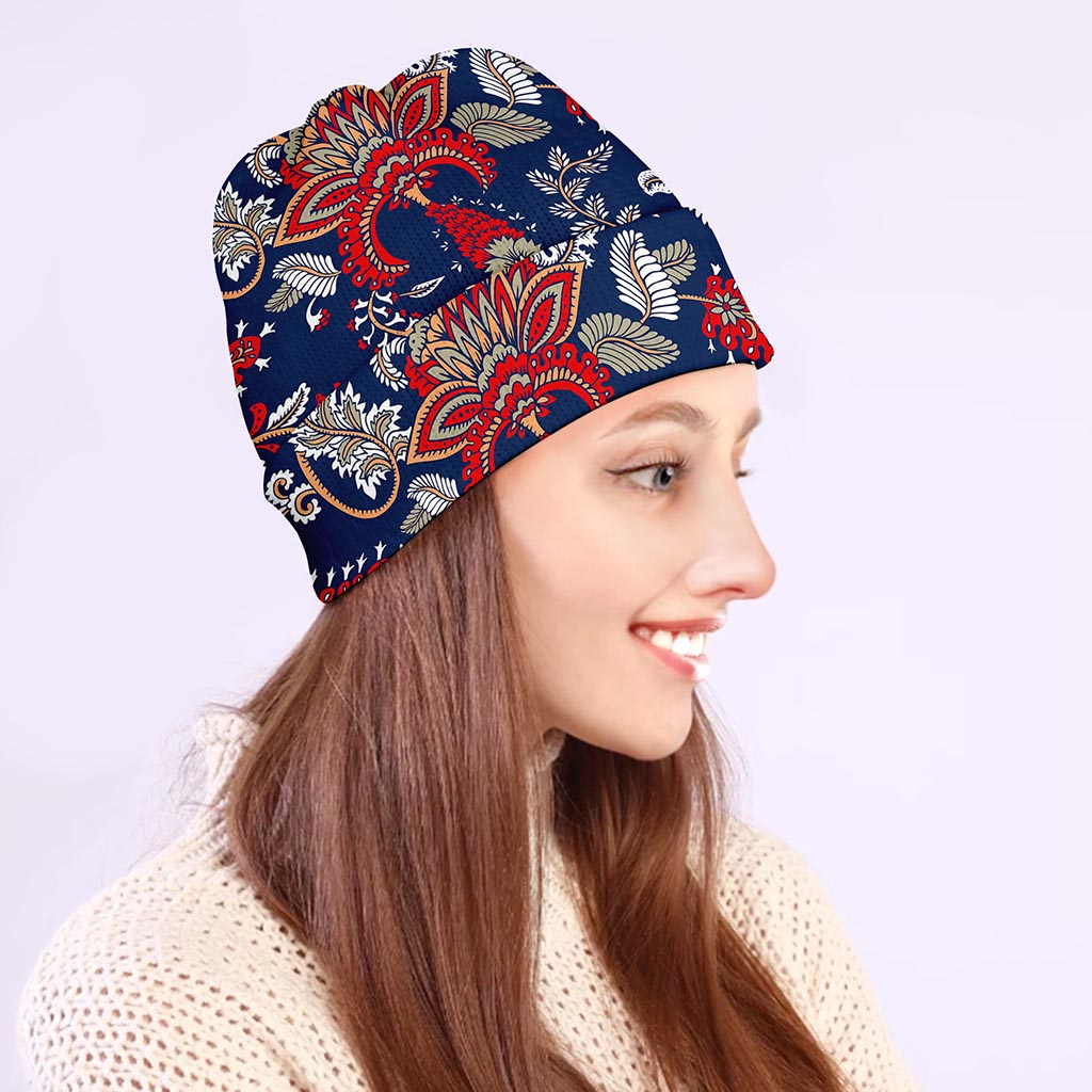 Blue Vintage Bohemian Floral Print Beanie