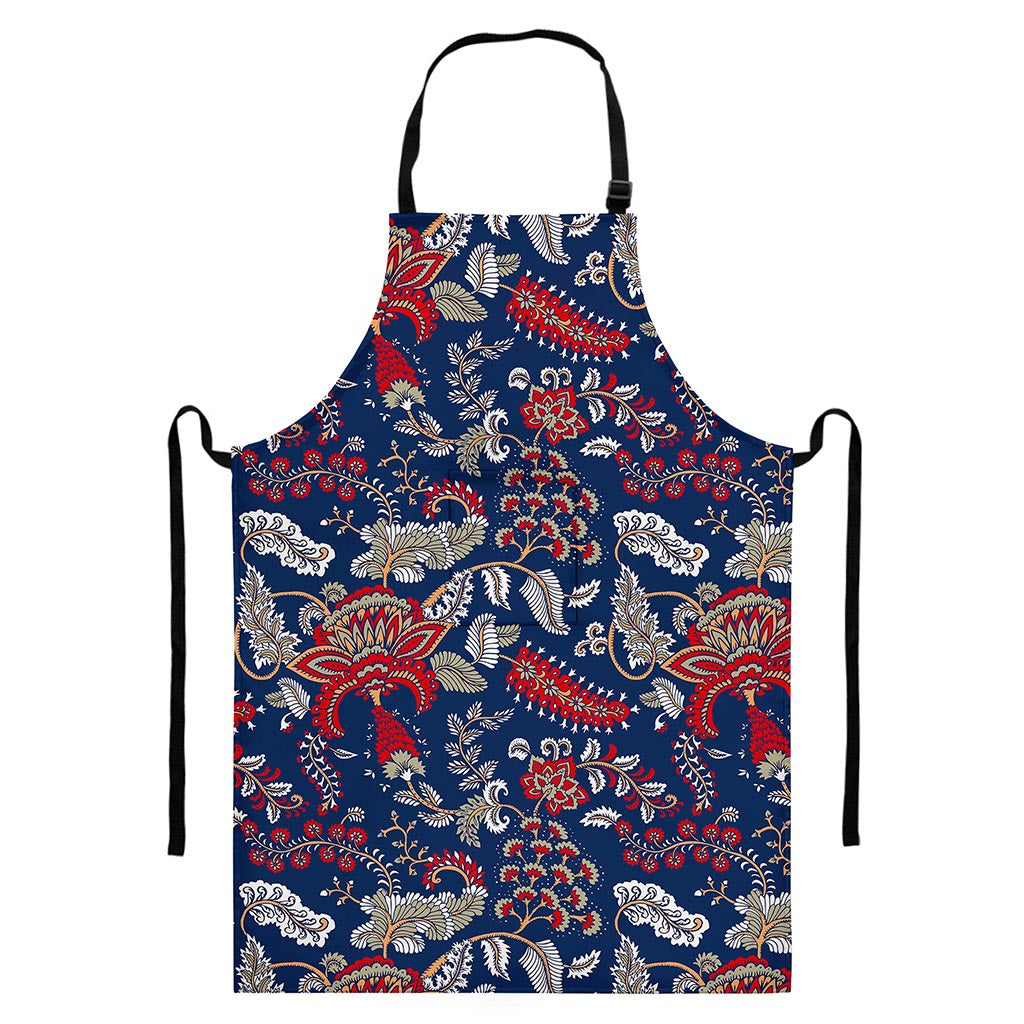 Blue Vintage Bohemian Floral Print Bib Apron With Pocket