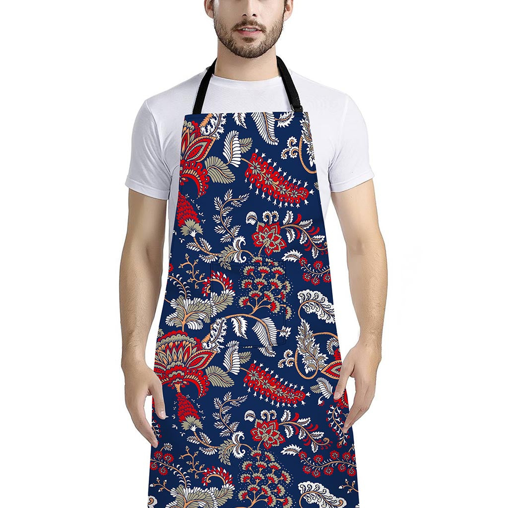 Blue Vintage Bohemian Floral Print Bib Apron With Pocket