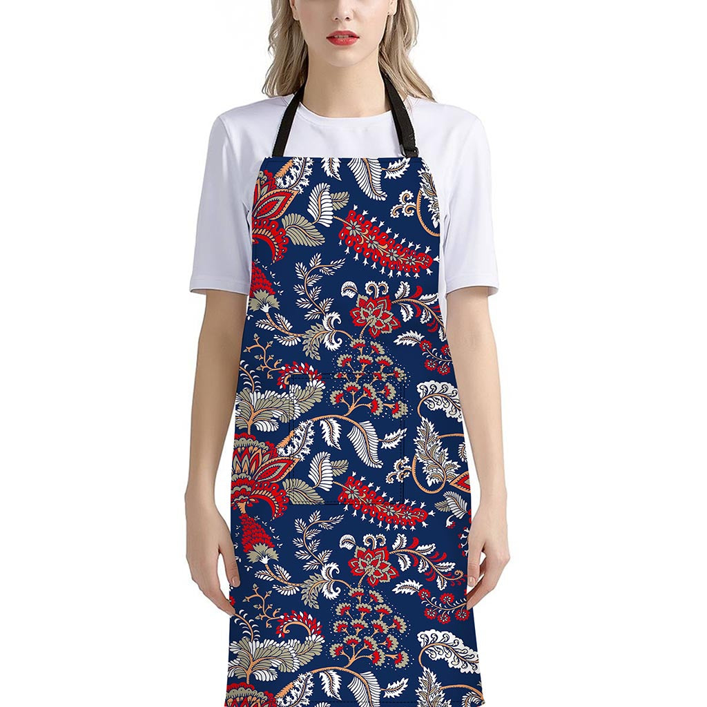 Blue Vintage Bohemian Floral Print Bib Apron With Pocket