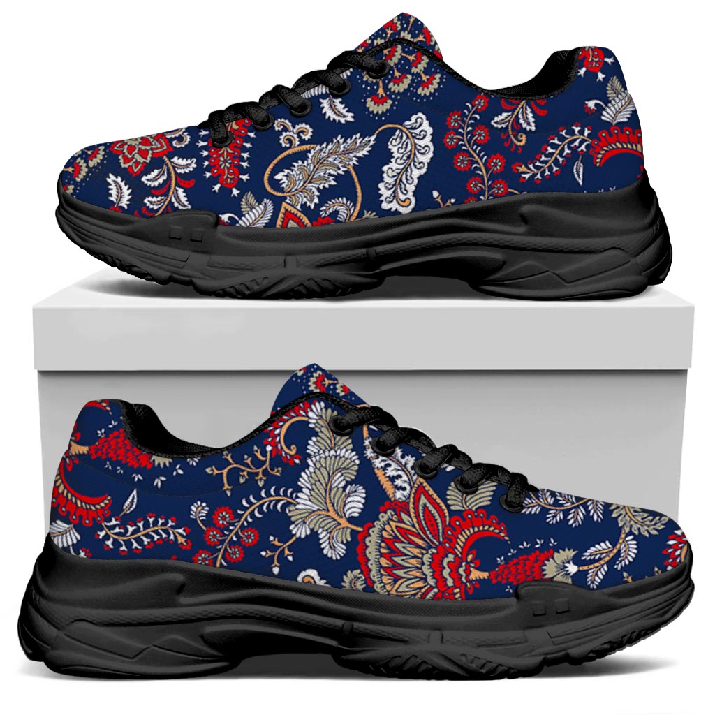 Blue Vintage Bohemian Floral Print Black Chunky Shoes