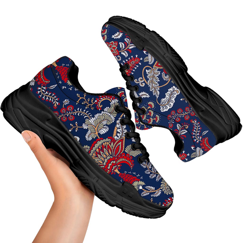 Blue Vintage Bohemian Floral Print Black Chunky Shoes