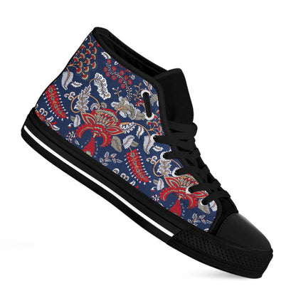 Blue Vintage Bohemian Floral Print Black High Top Sneakers